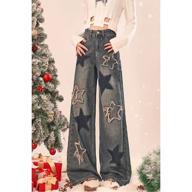 Grunge Vintage High Waist Straight Jeans Wide Leg Grunge Stars Print Pants Women's Casual Baggy Y2K High Street Denim Trouser