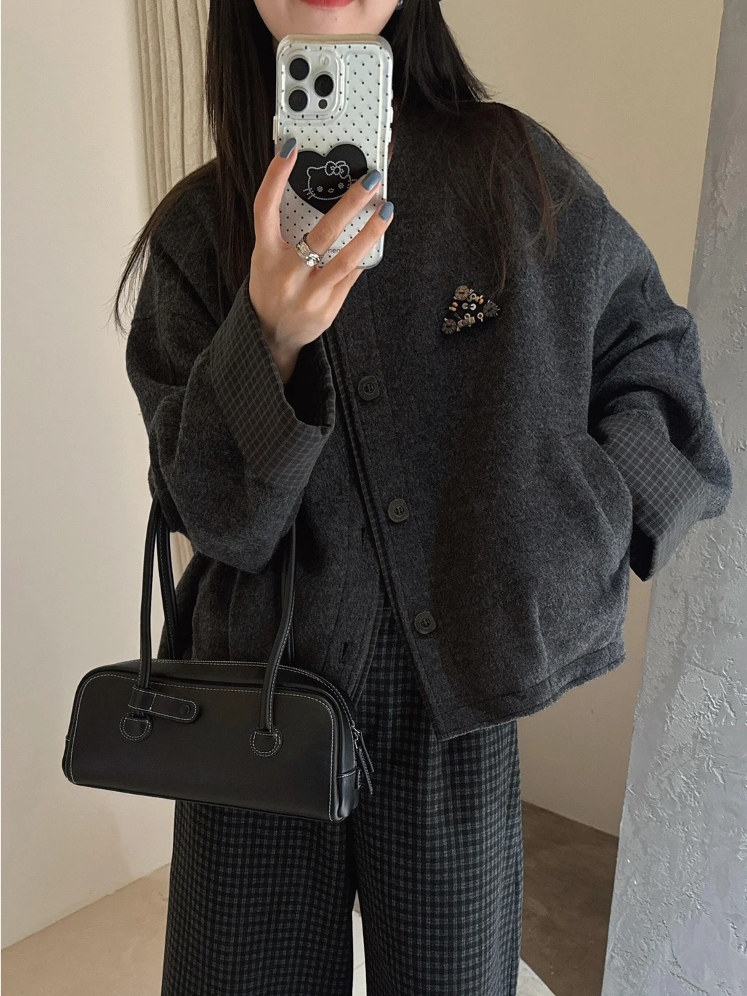 Ele ey Vintage Wollmantel für Damen, Wärmend, Kariert, Spleißdesign, Herbst-Winter, Koreanische Version, Gerader Schnitt