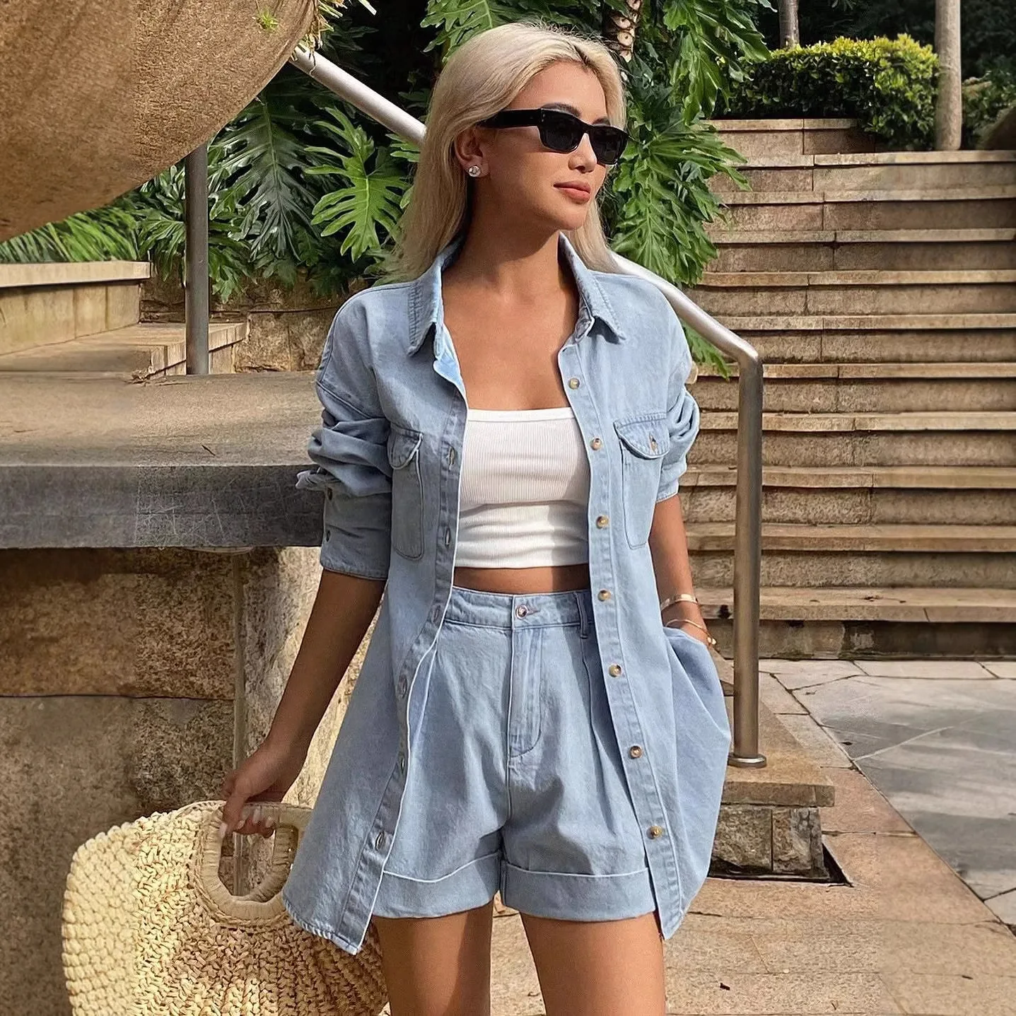 

2026 Womens Denim Shirt and Shorts Set Casual Loose Fit Turn Down Collar Rolled Hem Two Piece Outfit for Spring Summer Vacation