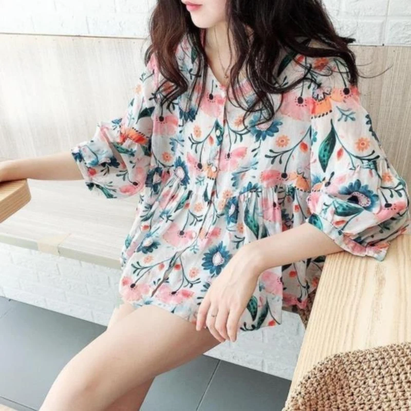 Spring Autumn New Fashion Printing Round Neck 3/4 Sleeve Blouses Women\'s Clothing Shirring Single Breasted Floral Loose Shirts