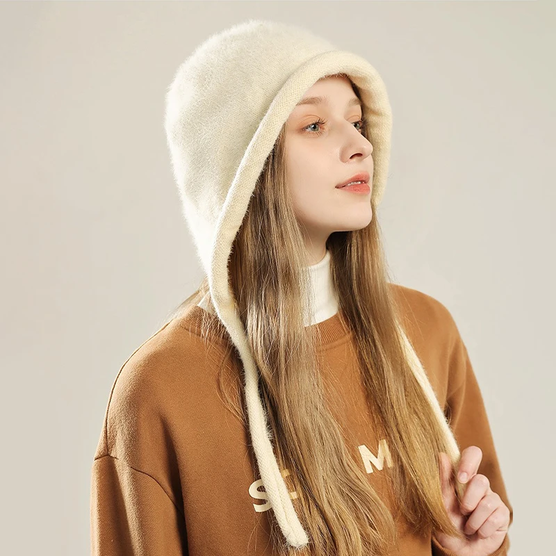 

Женская зимняя вязаная шапка-траппер из искусственного меха норки для девочек, теплая плюшевая шапка-бомбер-ушанка, модная женская уютная шапка в холодную погоду