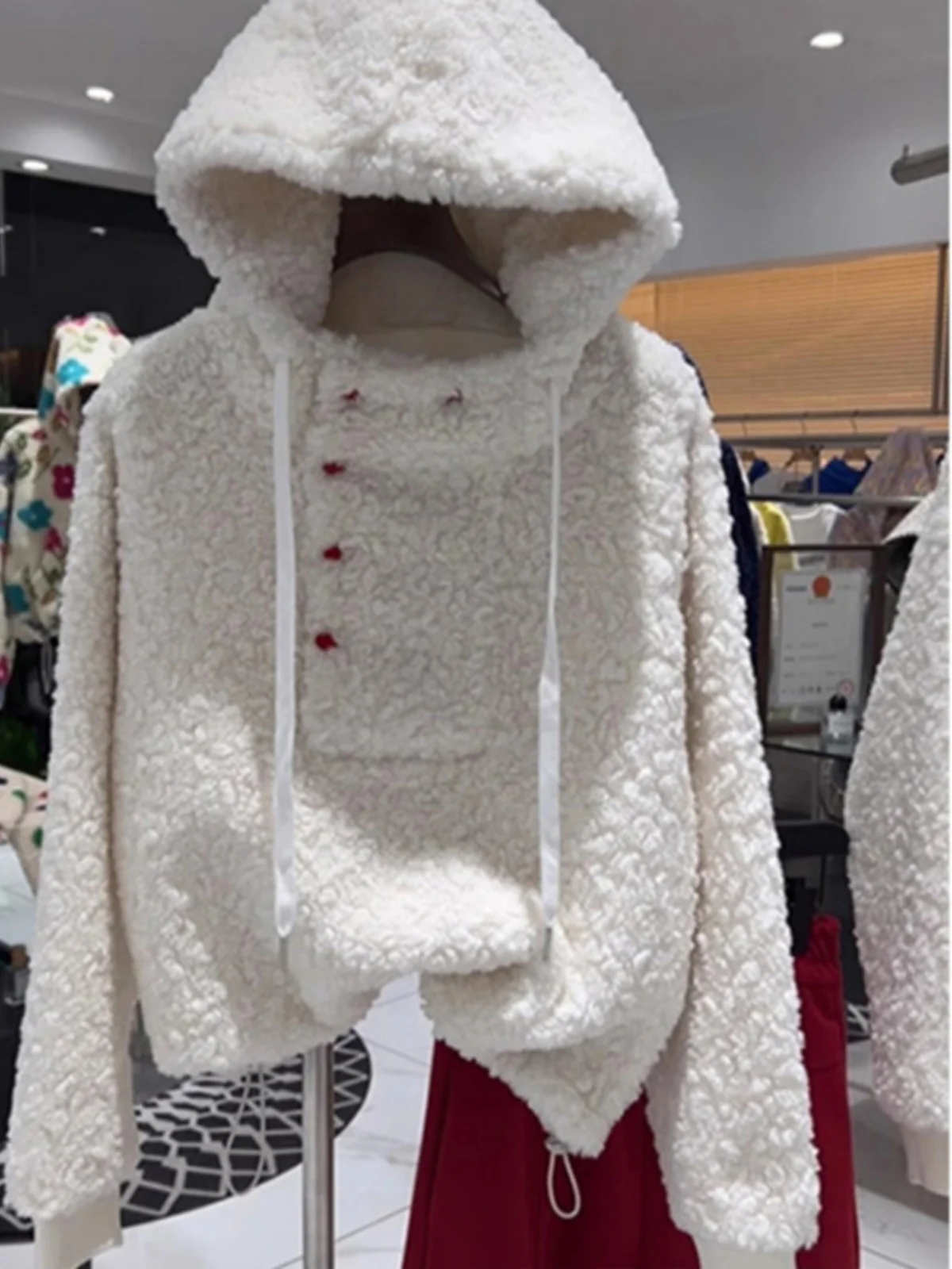 

Women's White Lamb Fur Hoodie Thiened Fce Loose Sle Faionable Korean Design Winter 2024 Soft Versatile Long Sve Top
