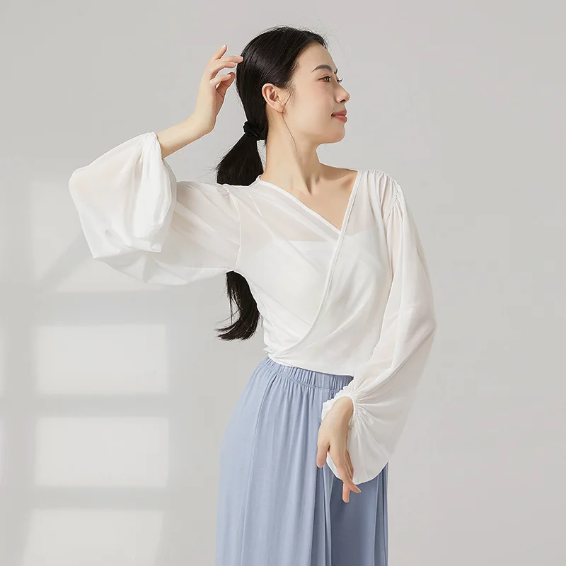 Women Classical Dance Top Lantern Sleeve Waist Tie Shirt V-Neck Mesh Blouse Yoga See Through Chinese Folk Dancewear Training Top