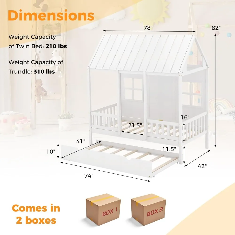 Twin Size House Beds with Trundle, Wood Kid’s House Bed Frame with Roof, Windows, Rails, Playhouse Bed Frame with Bed Slats