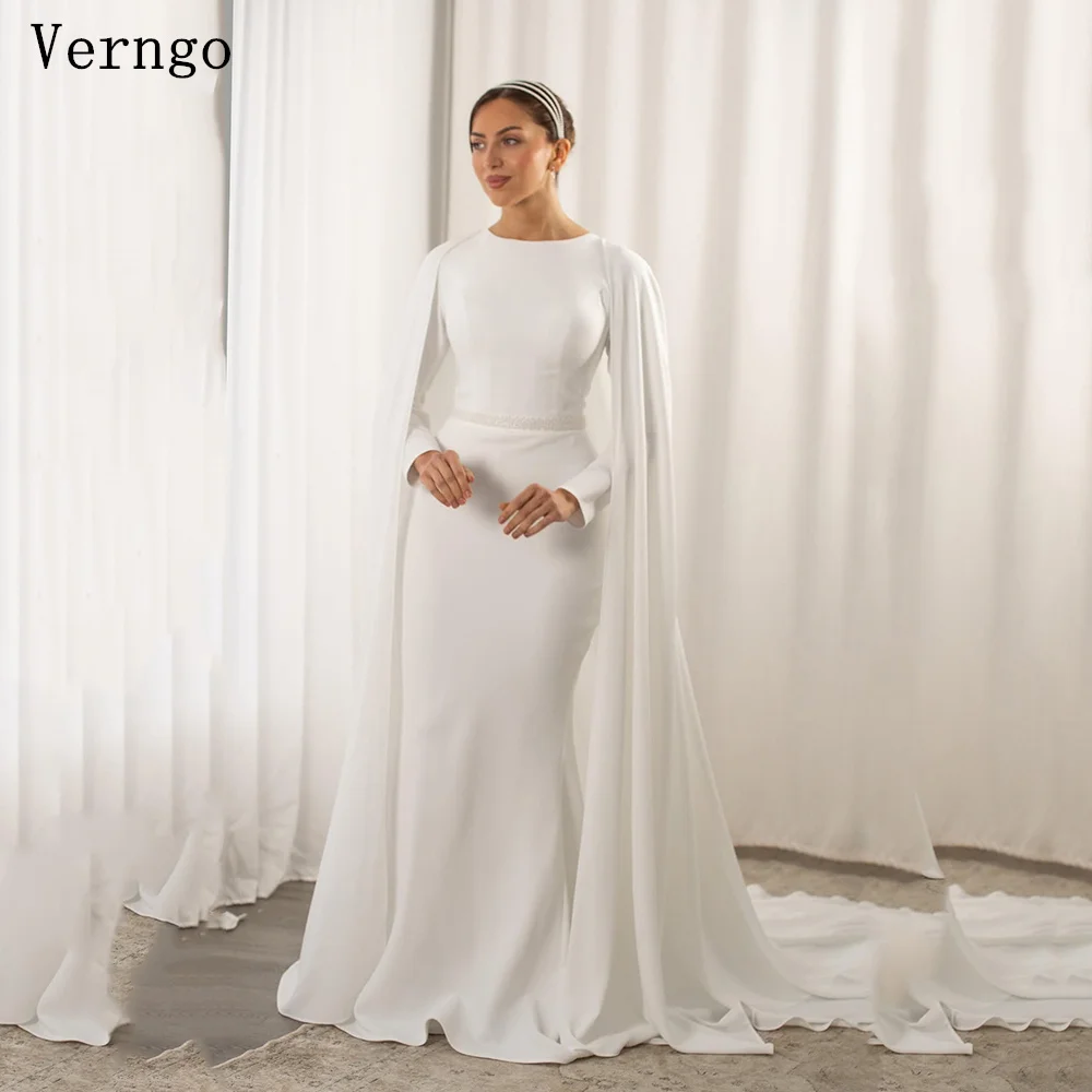 

Verngo White Crepe Wedding Dress High Neck Full Sleeves Mermaid Bridal Gowns Sweap Train Modest Arabic Bride Dress Customized