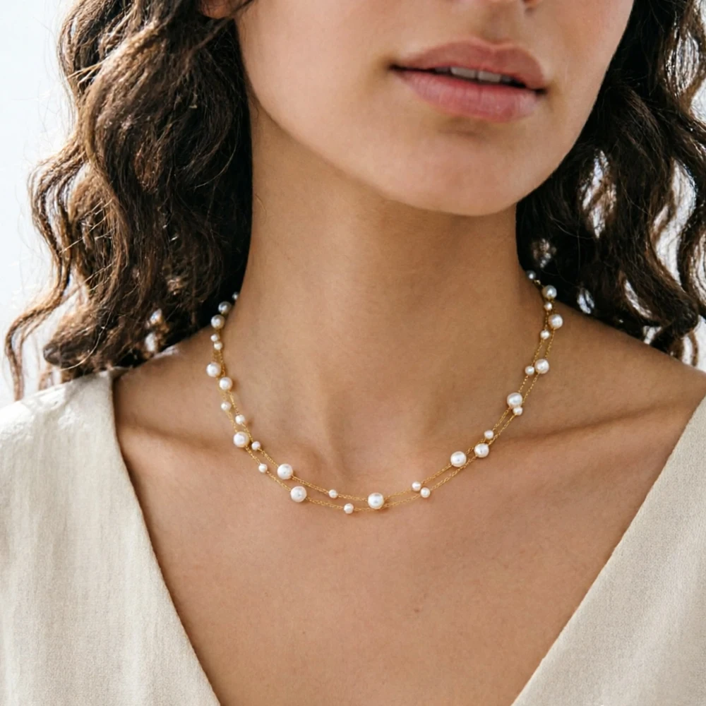 Gold Titanium Necklace Elegant Imitation Pearl Clavicle Necklace Double Layer Necklace Adjustable For Daily Commute Office Work