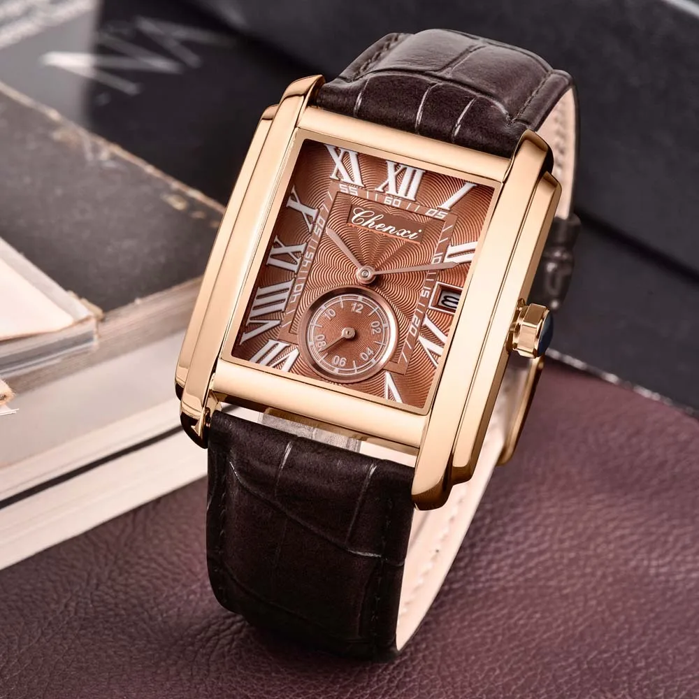 CHENXI 고품질 남자 시계 패션 간단한 날짜 광장 쿼츠 시계 가죽 스트랩 손목 시계 남성 선물 Reloj Hombre