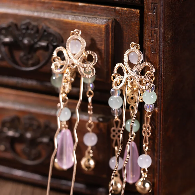 2 Pcs Chinese Style Hanfu Hairpins Vintage Gold Tassel Hair Sticks Pink Water Drop Beads Hair Accessories For Girls And Women