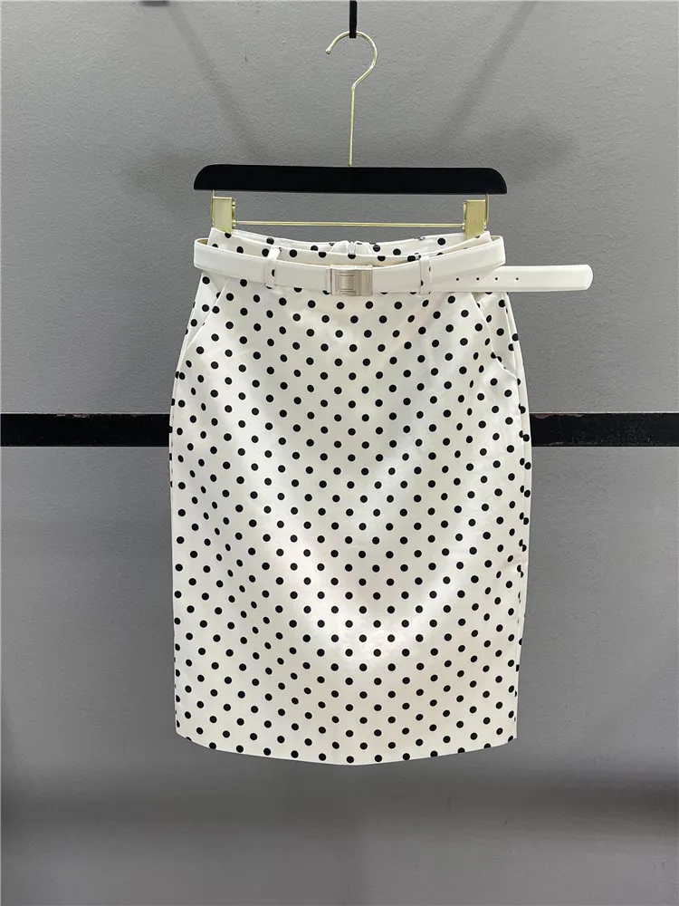 Elegant Black Polka Dot Satin  Skirt Women's Spring 2026 Slimming High Slit Straight Cut Bodycon mid Length Casual Skirt
