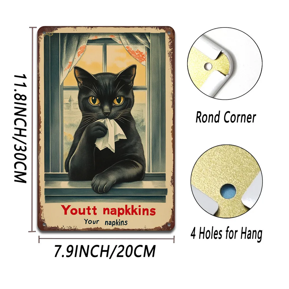 1 Retro-Eisenschild mit schwarzer Katze, „Youtt Napkins“, humorvolle Eisen-Wandkunst, 20,3 x 30,5 cm, geeignet für Küchen-, Café- und Schlafzimmerdekoration