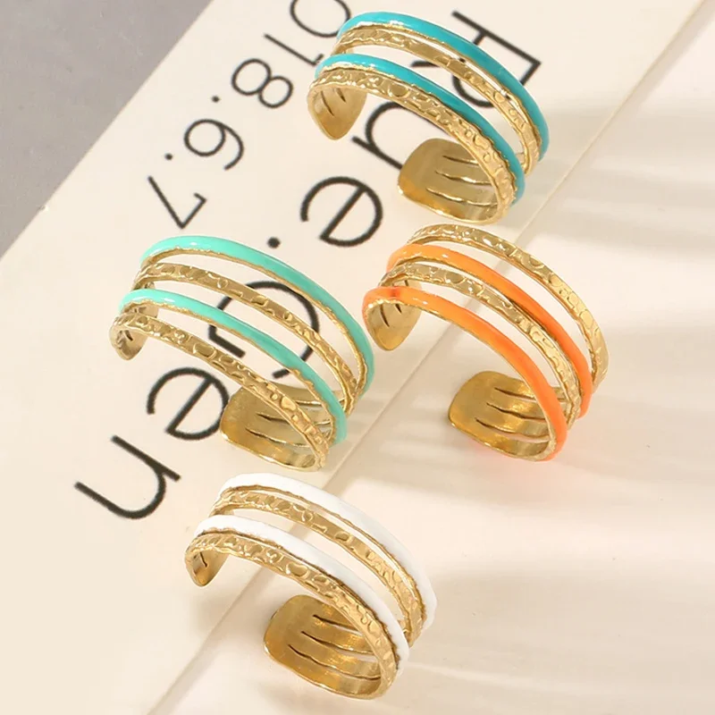 Minimalist Multi-Layer Enamel Rings for Women Stainless Steel Ring Hollow Adjustable Open Rings Fashion Jewelry anillos mujer