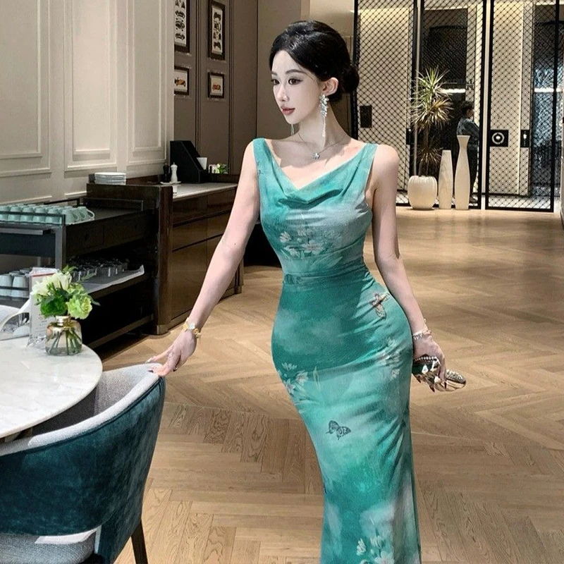 Butterfly Print Mesh Dress For Women Slim Fit Sleeveless Hip Hugging Long Skirt