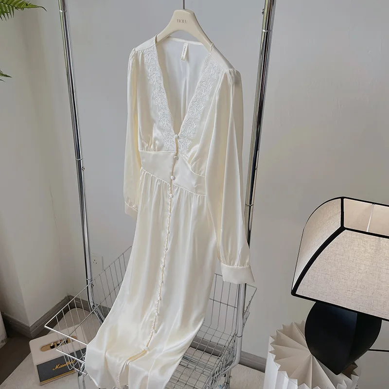 Camisón Retro elegante para mujer, ropa de dormir de encaje blanco, vestido de algodón de manga larga