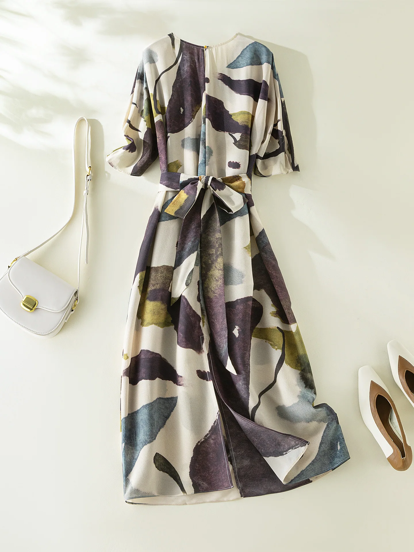 Elegant Fashion 100% Real Silk Summer Dress V-neck Three Quarter Sleeve Vintage Print Long Woman Holiday Dress 2026