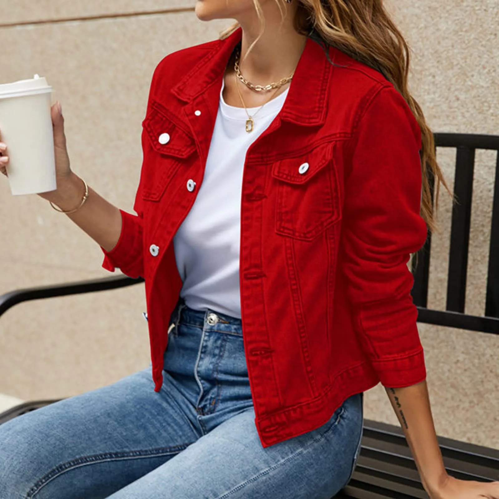 

Women's Denim Jackets Fashion Female Casual Long Sleeve Lapel Solid Button Down Chest Pocket Slim Jean Jacket Fall Winter Coat