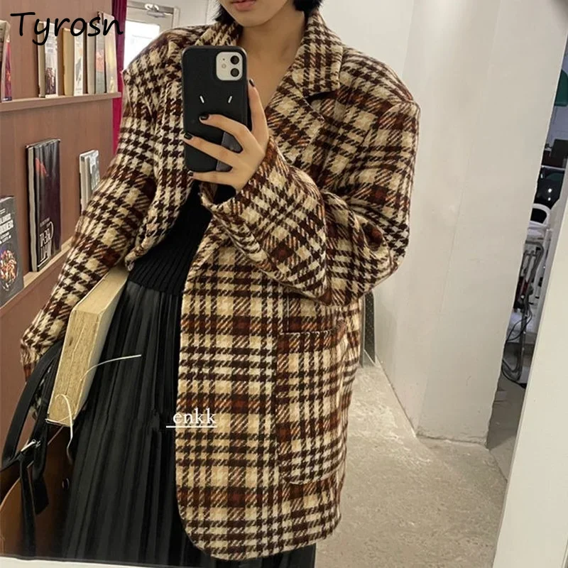 

Winter Thicken Wool Blends Plaid Notched All Match Streetwear Korean Style Students Vintage Popular Coats Student