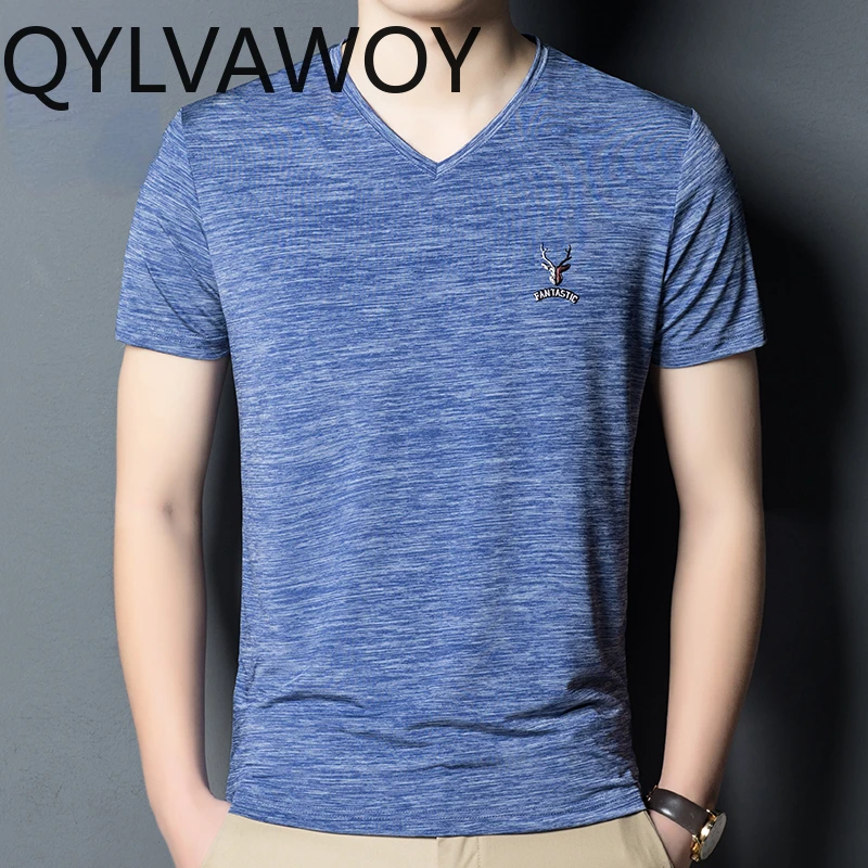 

QYLVAWOY Mens T Shirt Slim Fit 2024 Fashion Short Sleeve Top V-neck T-shirts for Men Solid Color Summer Clothes Camiseta Hombre