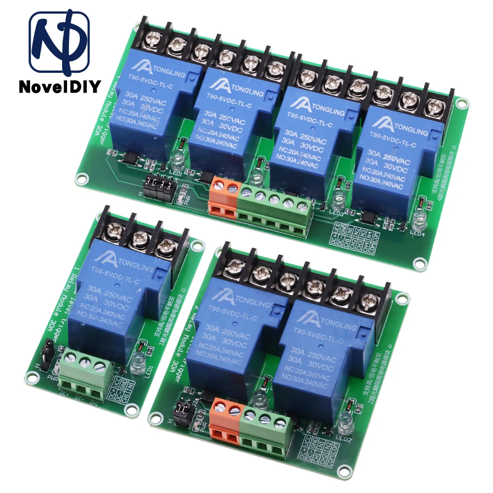 1 طريقة 2 4 قناة وحدة التتابع 30A مع عازل optocoupler 5 فولت 12 فولت 24 فولت يدعم الزناد ثلاثية عالية ومنخفضة مع دليل السكك الحديدية