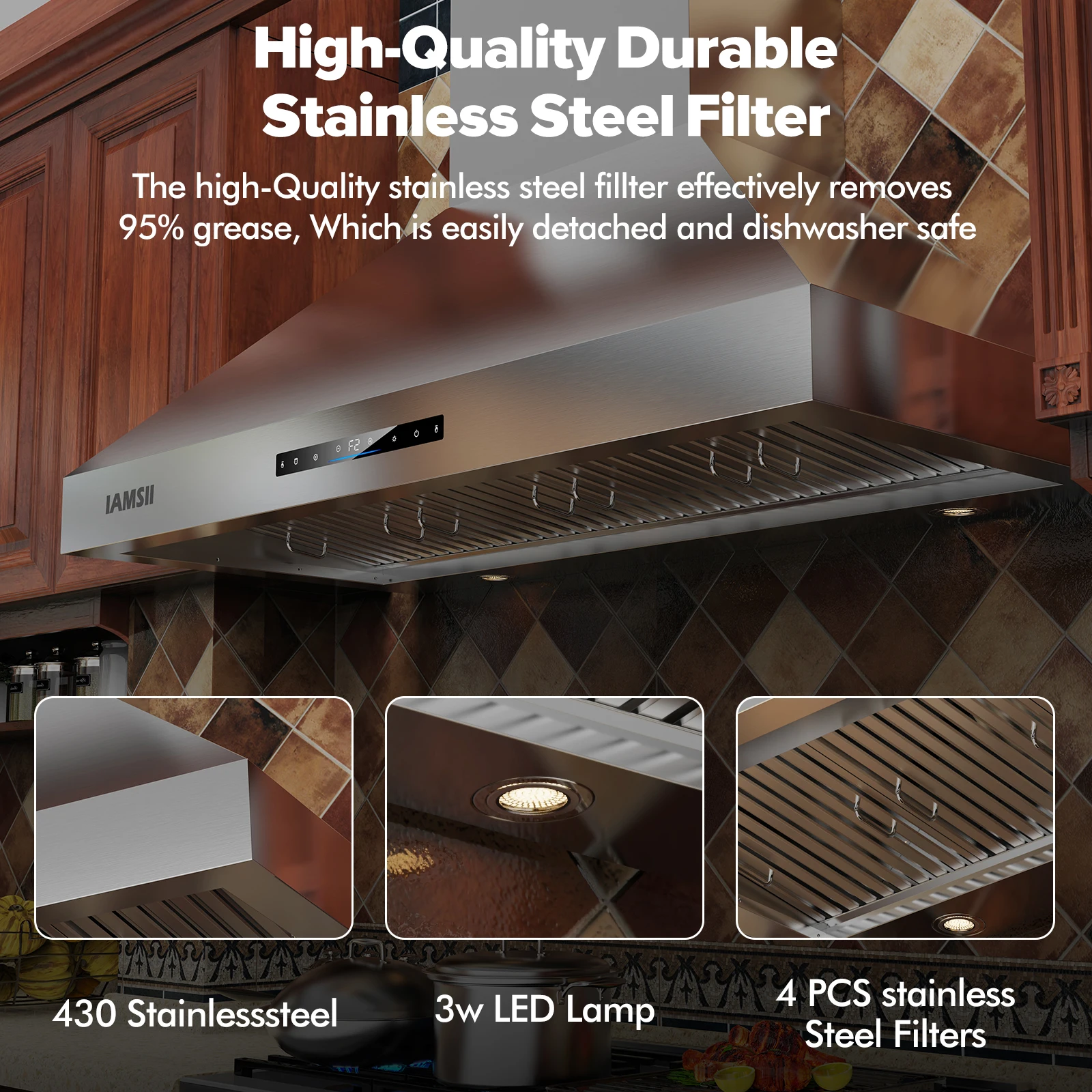 شفاط المطبخ المثبت على الحائط 48 بوصة، شفاط فتحة تهوية المطبخ 1200 CFM، مرشحات من الفولاذ المقاوم للصدأ، 4 لوحة تحكم في الإيماءات واللمس #5