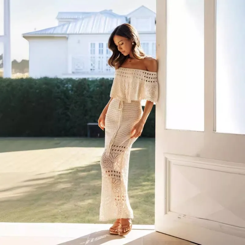 

New Women Fashion Hollow Out Tie Belt Cape Dress Long Skirt Casual Elegant