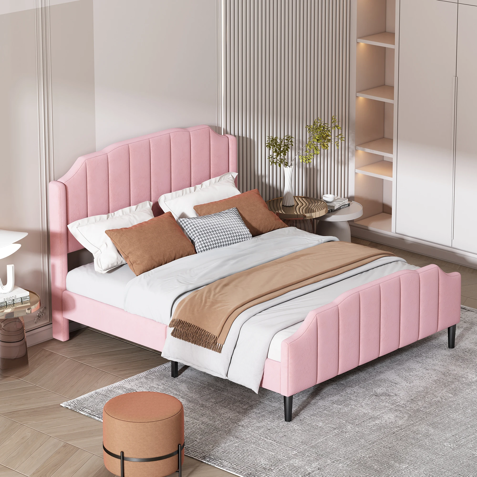 Upholstered bed 140 x 200 cm with headboard, footboard and slatted frame, velvet pink (mattress not included)