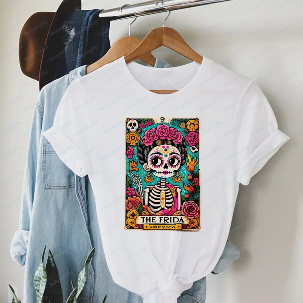 

Mexican Folk Art Women T-Shirt The Frida Tarot Print Tops Sugar Skull Lover Cotton Tee Cinco De Mayo Casual Style Ropa Mujer