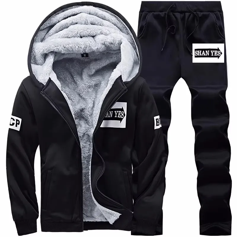 2026 New Men Winter Thick Fleece Lined Tracksuit Hooded Zipper Sweatshirt Drawstring Pants 2 Piece Sports Outfit