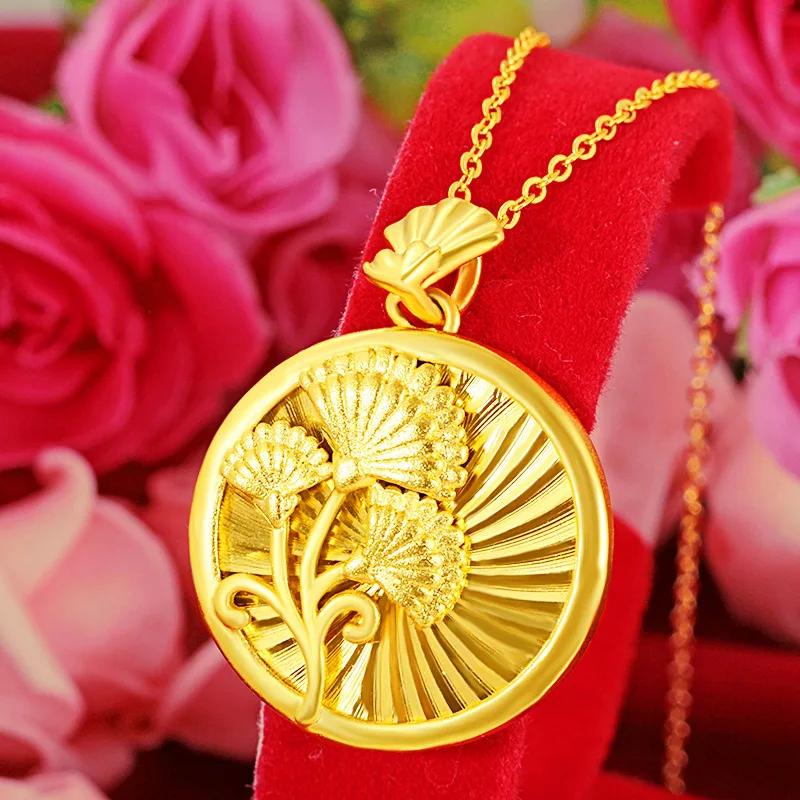 Sturdy & Durable Flower & Maple Leaf Pendant Sweater Chain For Women 24K Gold AU999 | Solid craft, not easy to deform