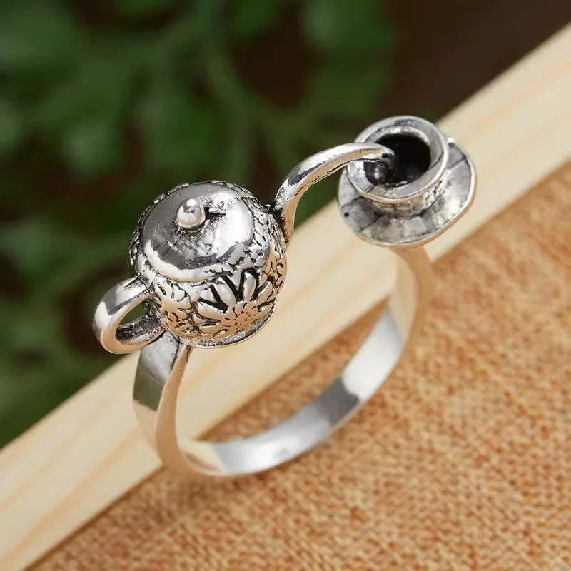 Steampunk Tea Set Ring, Handcrafted Distressed Metal Band, Unique Conversation Starter Jewelry Wholesale