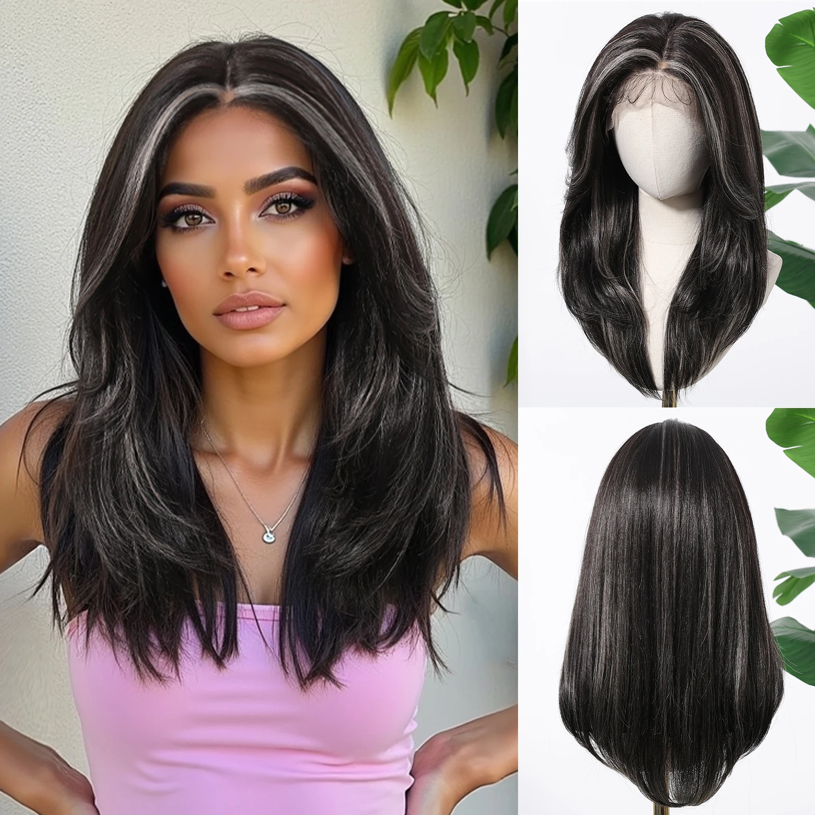 HENRY MARGU 13*6 Lace Front Synthetic Wig Black Mixed Gray Natural Lace Frontal Wig for Women Medium Length Wigs Daily Party Use