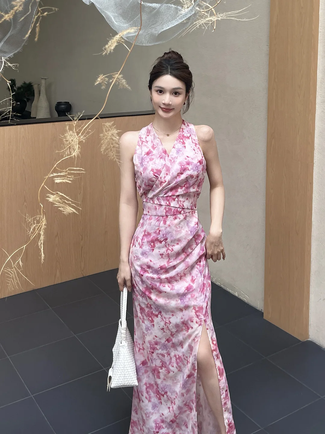 

French Pink Floral Lace-up Sleeveless Halter Chiffon Dresses For Women Elegant Luxury Slim-fit Split Long Dress For Summer