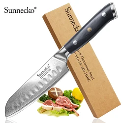 SUNNECKO Japanese Chef Cooking 5'' Inch Santoku Damascus Steel 73 Layers VG10 Slicing Splitting Sashimi Fishing Fillet Knife