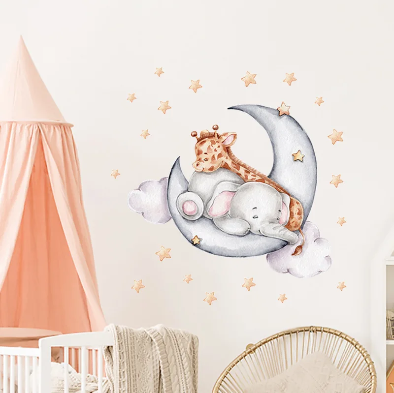 1pcs Cartoon Ins Good Night Elephant Deer Wall Background Stickers for Home Children Room Baby Sleep Wall Decal Self-adhesive