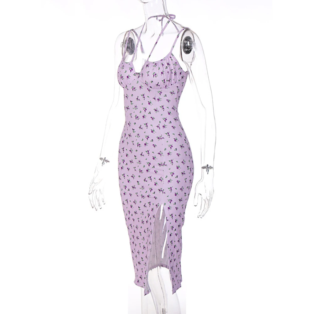 Rok Dames Jurk Sexy Lichte Stretch Zomer Geel Blauw Casual Vrouwelijke Bloemen Halter Open Vork Polyester Dagelijks