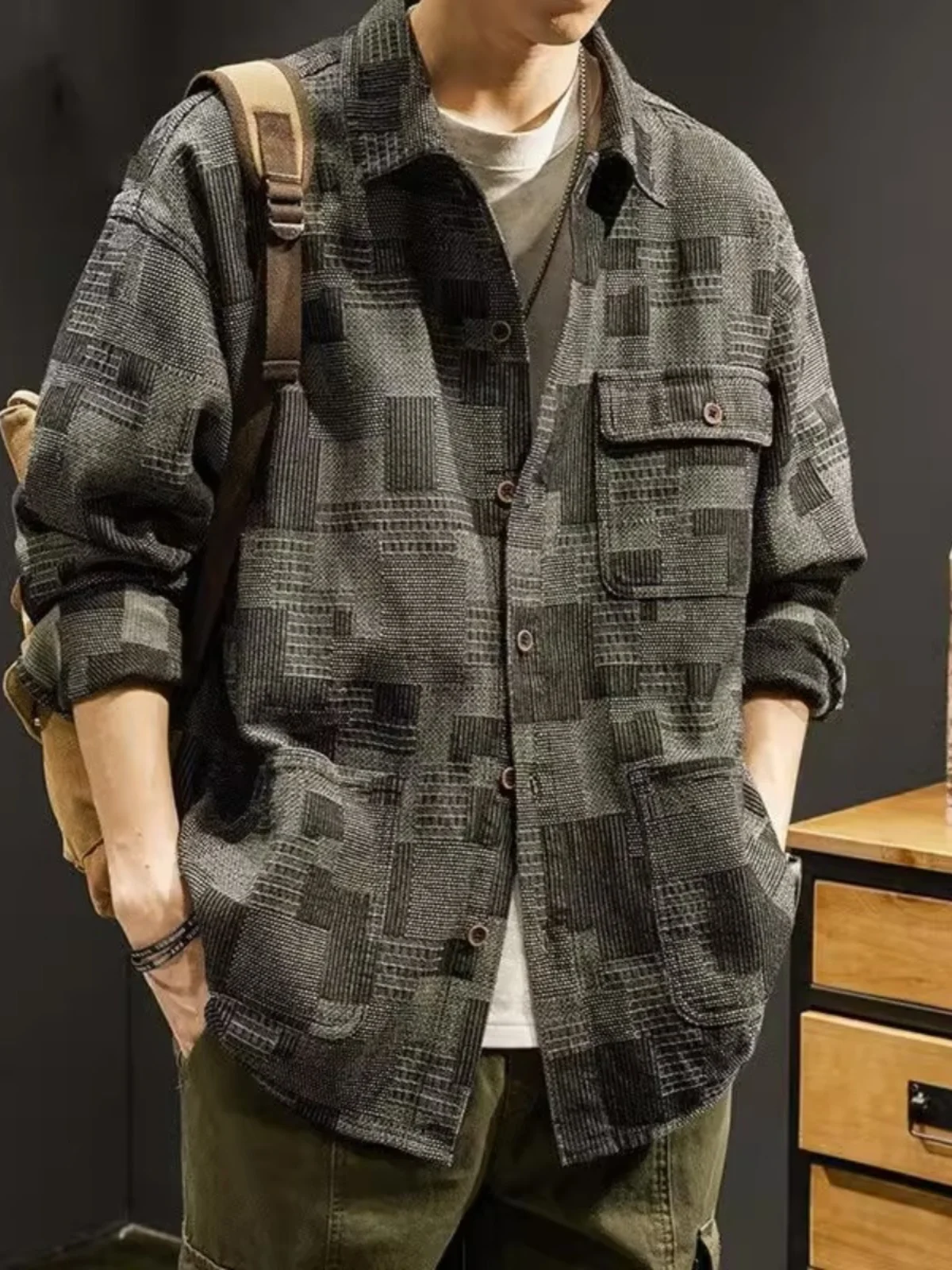 

Мужская рубашка с длинным рукавом для осеннего сезона, свободный крой, большие размеры, в американском стиле, рабочая одежда, молодежный тренд, не требует глажки