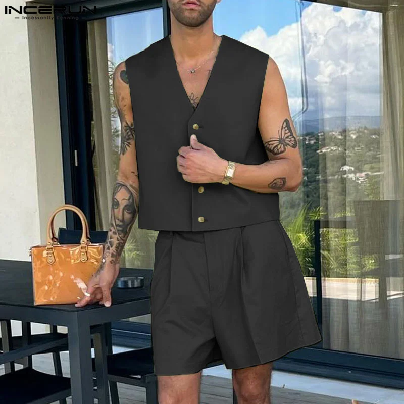 INCERUN Men Sets Solid Color V Neck Sleeveless Crop Vests & Shorts Two Pieces Sets Streetwear 2024 Fashion Men\'s Casual Suits