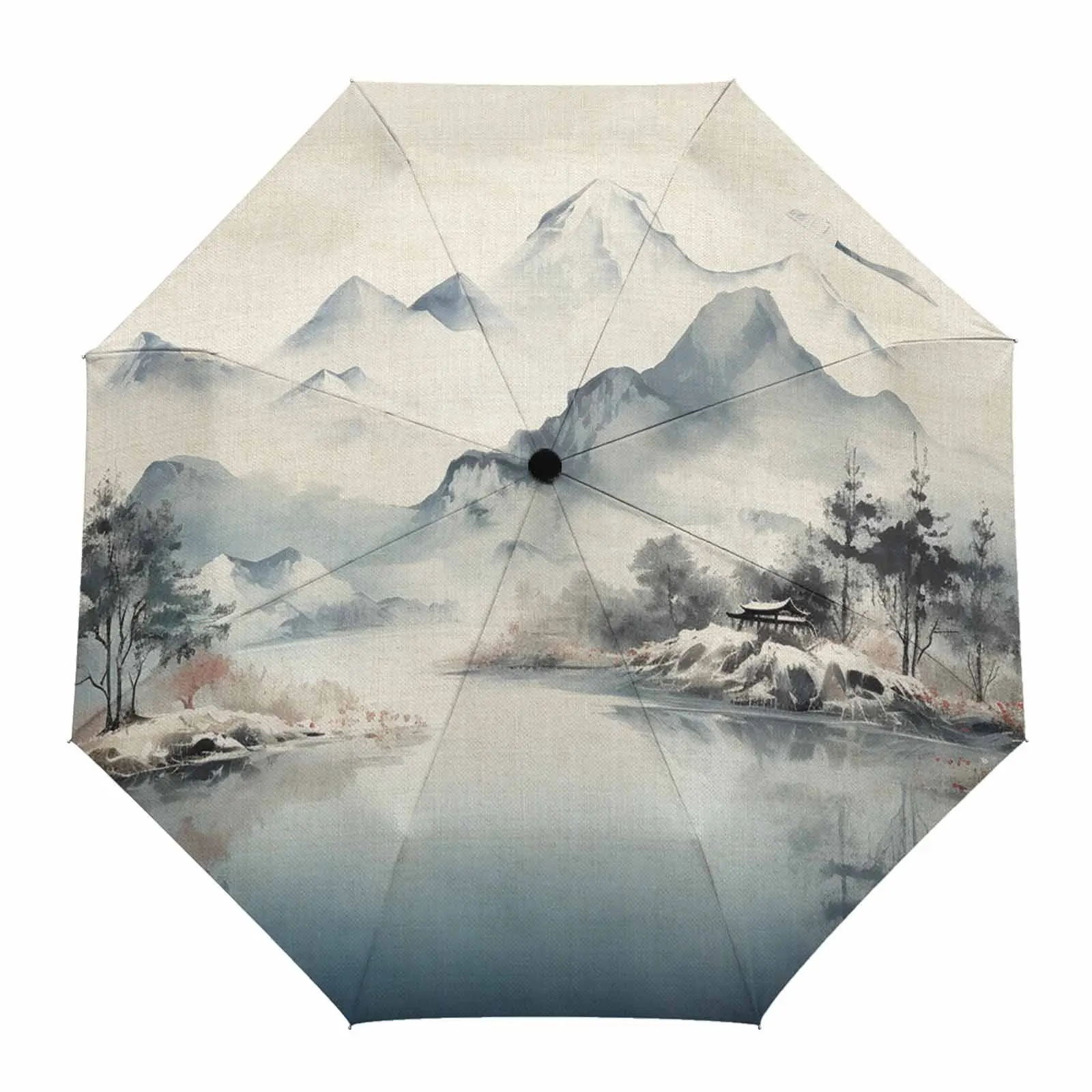 Landscape Mountains Water Trees Watercolors Automatic Umbrella for Rain Foldable Parasol Umbrella Eight strand Outdoor Umbrellas