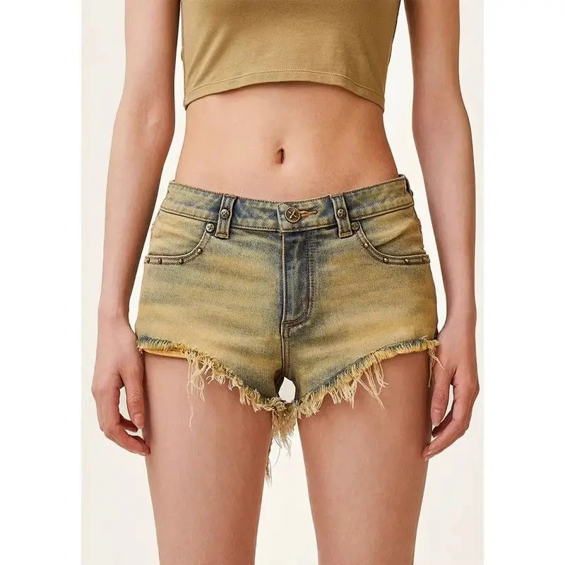 Spice Girl Rivet Splicing Rough Edge Denim Super Y2k Shorts Women's Summer High Waist Elastic Skinny Hip Wrap Hot Pants