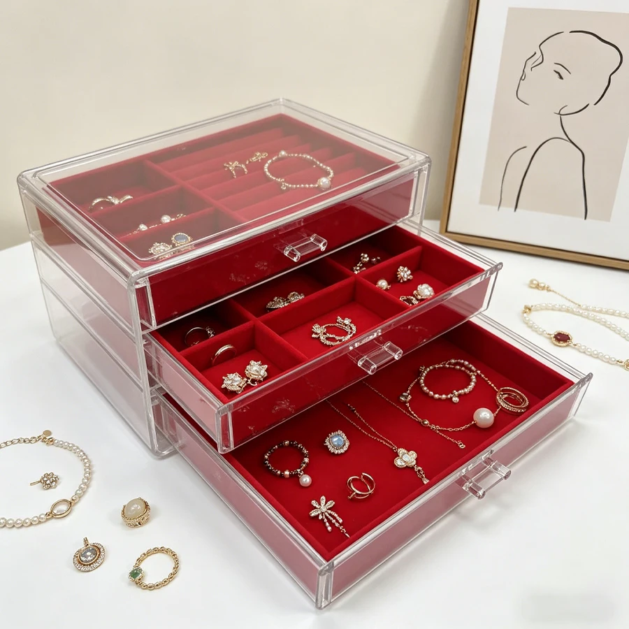 Red Two-in-One + Bias 6 + Empty Tray Drawer-Style Multi-Layer Jewelry Storage Box Dust-Proof Earrings, Necklaces and Accessories