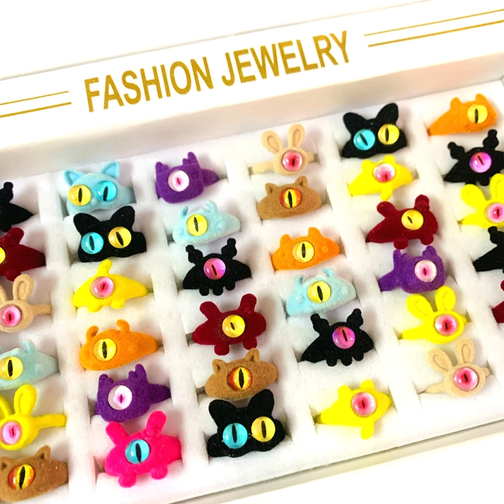 10pcs Mix Colorful Monster Cat Eye Flock Rings For Women Child Open Cute Cartoon Animals Summer Finger Gift Jewelry Accessories