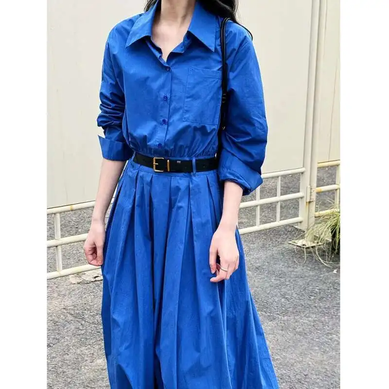 Frauen Polo Kragen Hemd Kleid Frühling Langarm Reine Baumwolle Hohe Taille Gefaltete Tasche Midi Kleid Mit Gürtel