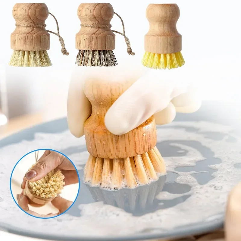 Bamboo Kitchen Cleaning Brush Sisal Palm Short Handle Dish Bowl Pot Brush Home Dishwashing Non-stick Pot