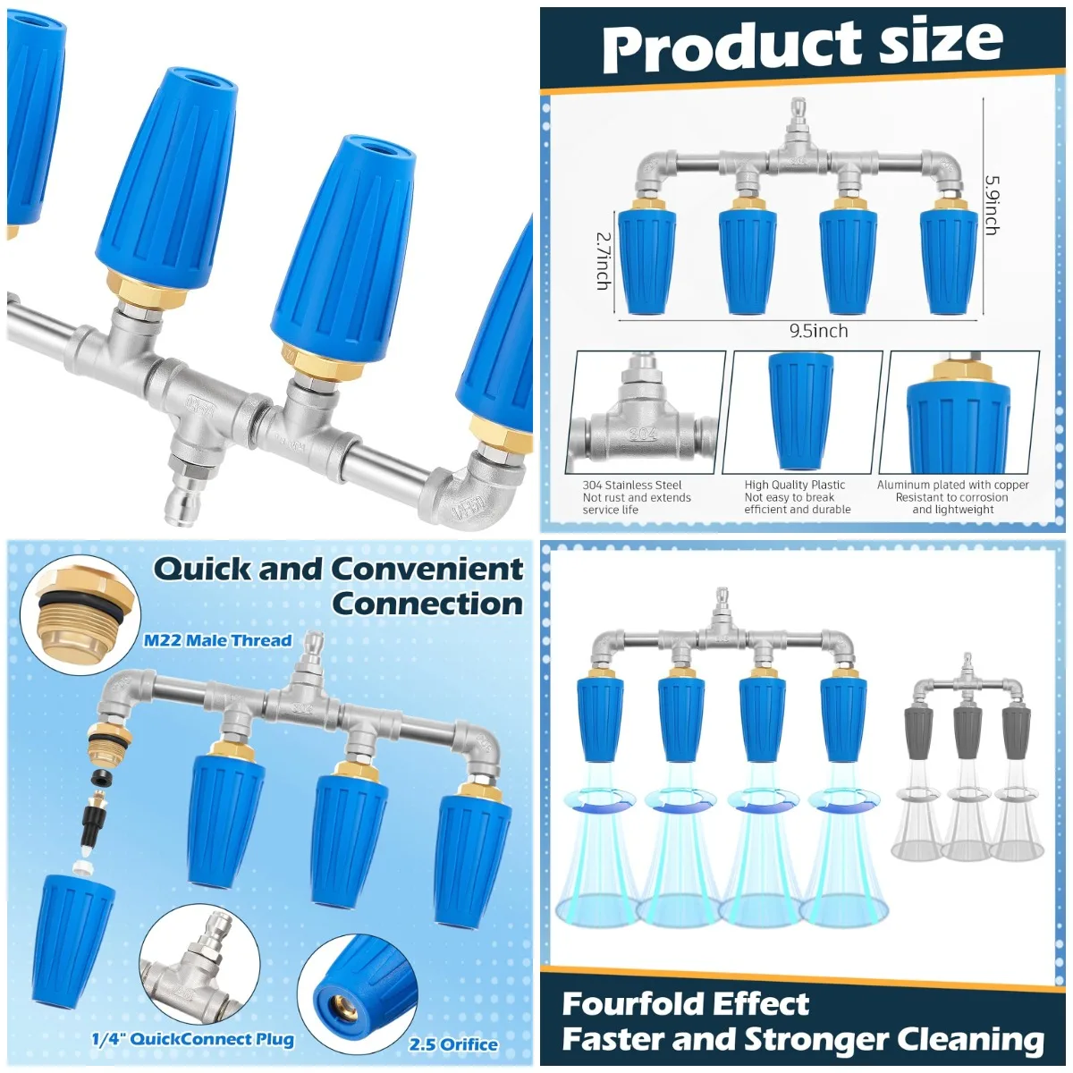 

4-in-1 Turbo Nozzle 4000 PSI 360° Rotating with 1/4' Quick Connector & 2.5 Orifice Tips