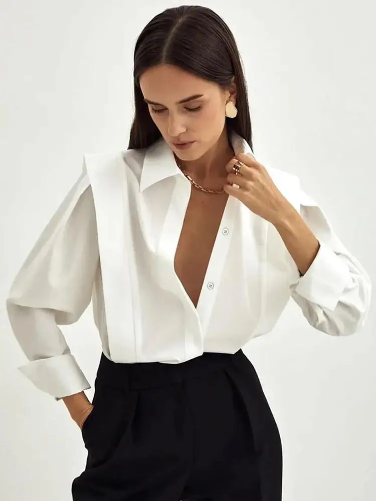 Mueyaruho 2023 Autumn Winter Women Solid White Office Dress Shirt Elegant Long Sleeve Blouse For Women