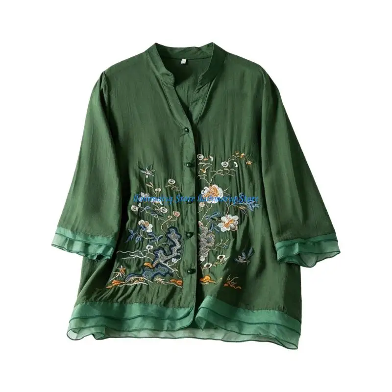 573B V Neck 3/4 Sleeve Button Down Shirt Embroidered Blouses Tunics Cotton Linen Shirt for Women