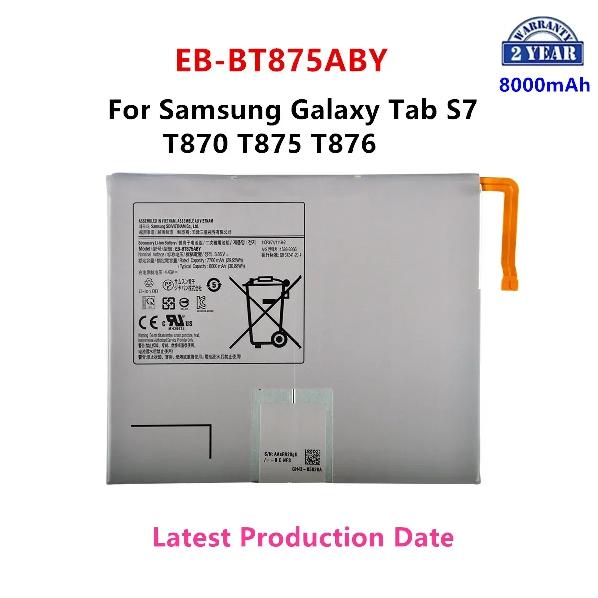 

Brand New EB-BT875ABY 8000mAh Replacement Battery For Samsung Galaxy Tab S7 T870 T875 T876 Tablet batteria