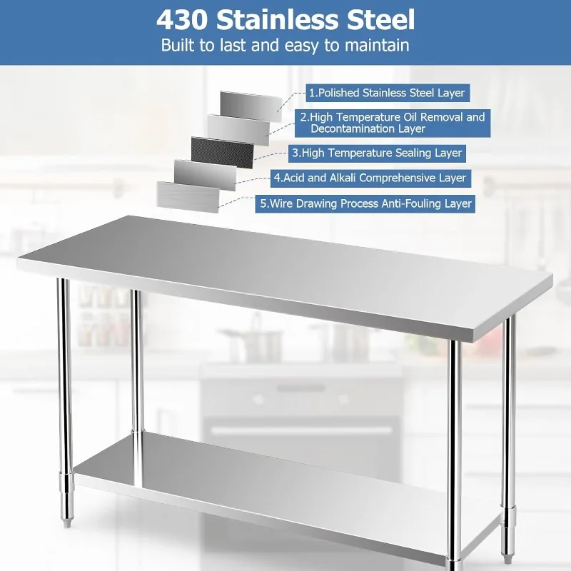 Stainless Steel Table with Wheels, 60” x 24” Rolling Kitchen Prep Table Work Table with Height Adjustable Under Shelf, Fo
