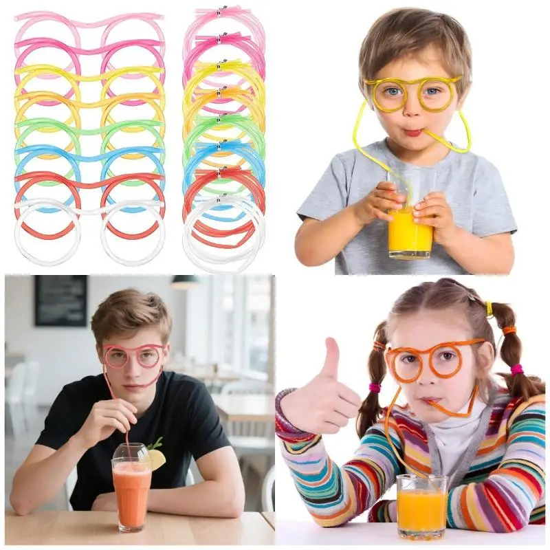 5Pcs Funny Eyeglass Shaped Drinking Straw DIY Flexible Plastic Straw Kid Birthday Party Game Home Beverage Drinking Accessories