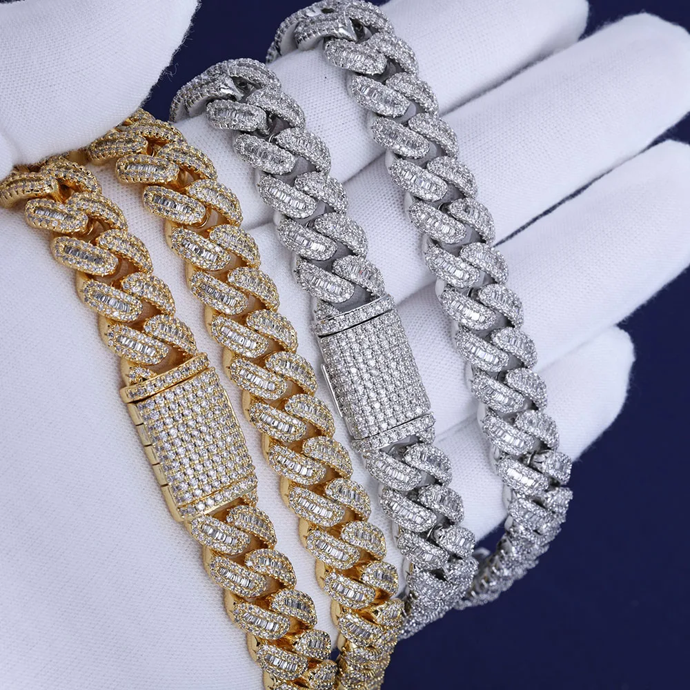 Luxury NUOYA Jewelry 12mm Baguette Cut Moissanite Cuban Link Chain Necklace 925 Sterling Silver Hip Hop Jewelry for Women.