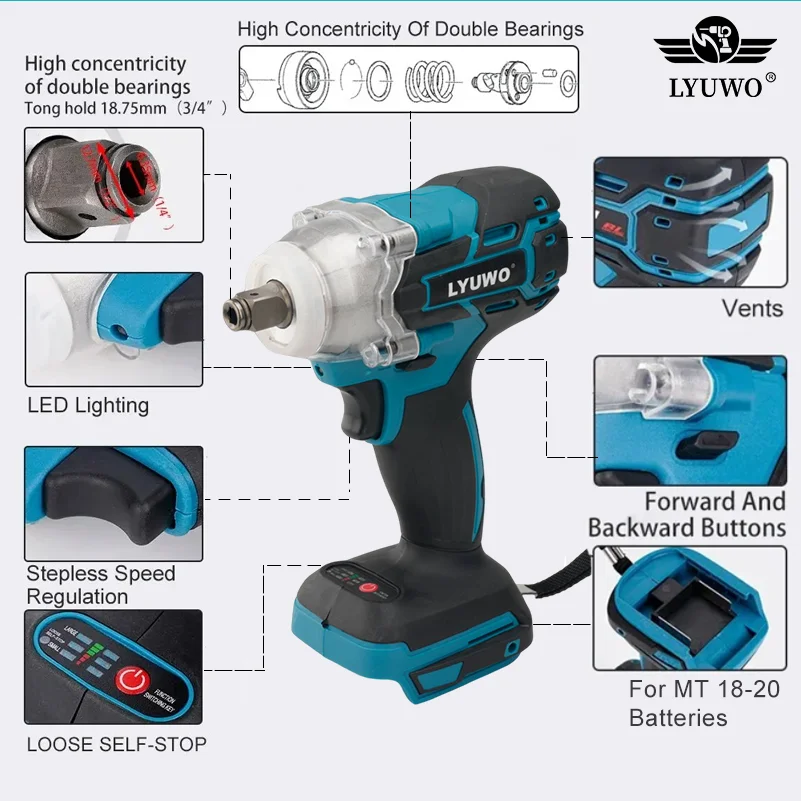 LYUWO 1/2 Inch Brushless Electric Impact Wrench 520N. M Multifunctional Cordless Electric Wrench, Screwdriver, And Electric Tool